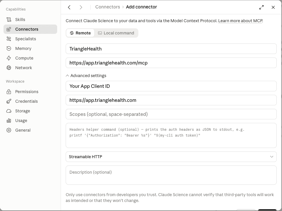 Claude Science Add connector form with TriangleHealth remote MCP endpoint URL, OAuth Client ID, and OAuth server URL