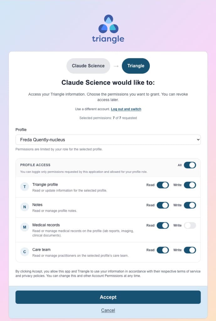 Triangle OAuth consent screen showing Claude Science requesting profile, notes, medical records, and care team permissions