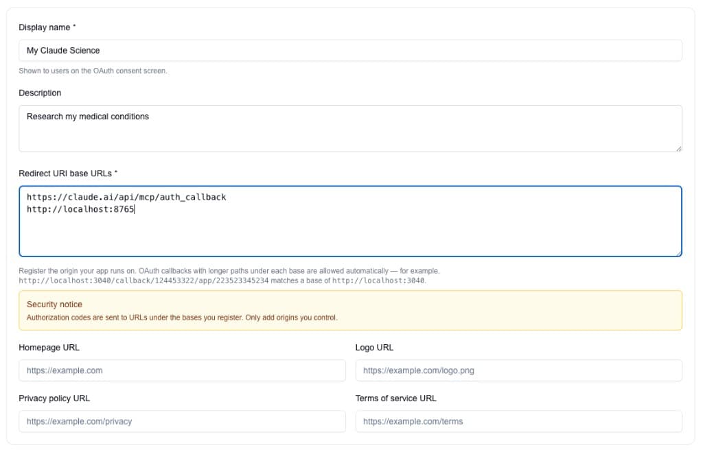 Developer portal redirect URI base URLs with https://claude.ai/api/mcp/auth_callback and http://localhost:8765 for Claude Science