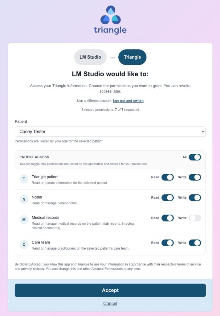 Triangle OAuth consent screen showing LM Studio requesting patient, notes, medical records, and care team permissions