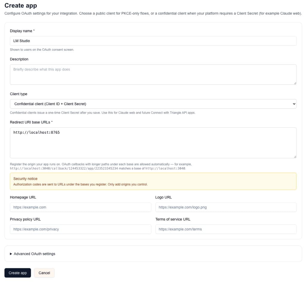 Triangle developer portal Create app form configured for an LM Studio confidential OAuth client