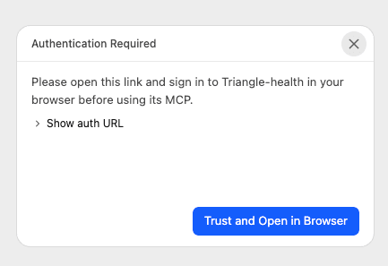 LM Studio Authentication Required dialog for Triangle-health with Trust and Open in Browser