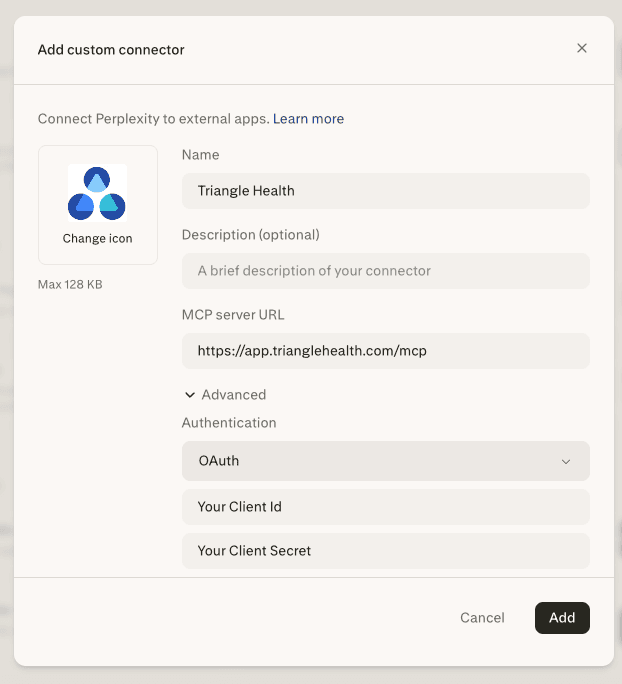 Perplexity Add custom connector form with Triangle Health name, MCP server URL, and OAuth Client ID and Client Secret fields