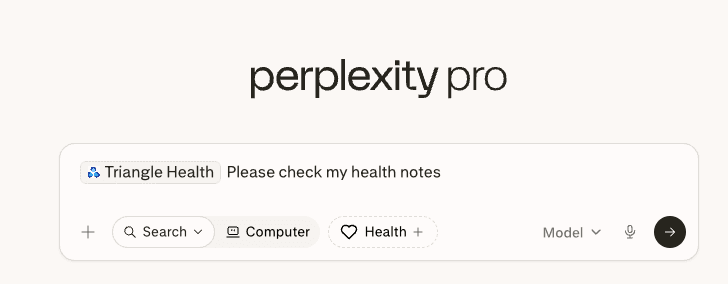 Perplexity Pro thread input with the Triangle Health connector selected and a prompt to check health notes