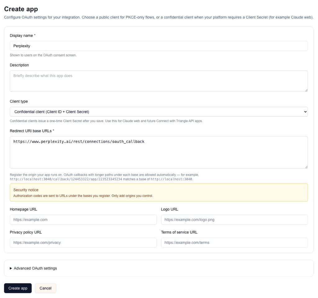 Triangle developer portal Create app form configured for a Perplexity confidential OAuth client with the Perplexity OAuth callback redirect URI