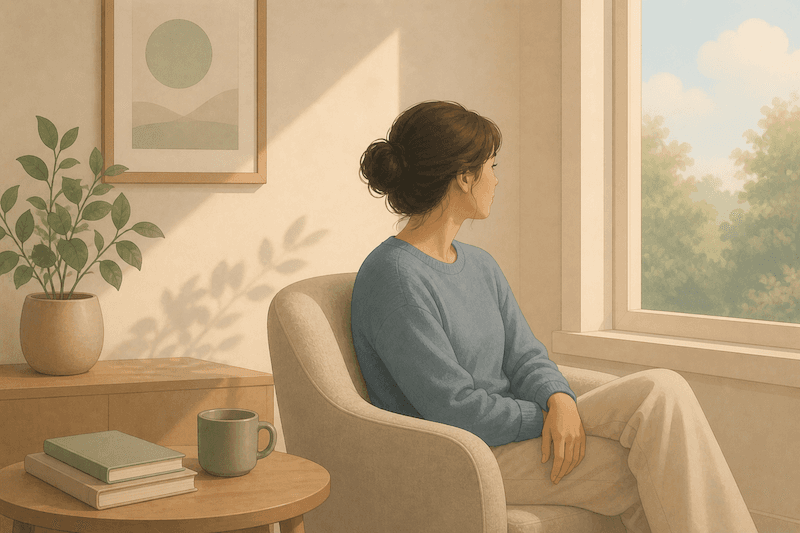 A patient sitting by a window while managing a health condition