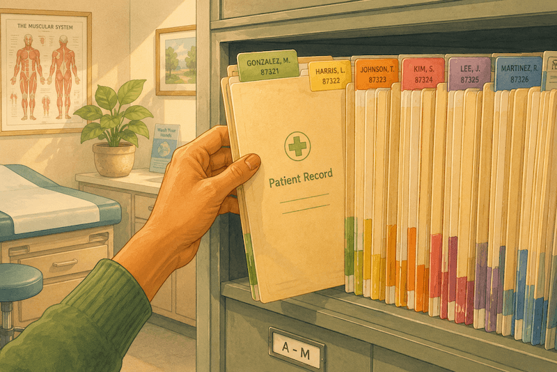 A patient record being retrieved from a doctor's office file shelf