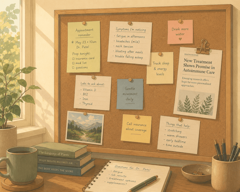 A board of patient notes, symptoms, labs to ask about, and questions for a doctor