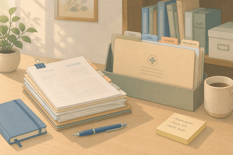 Organized medical records, lab results, visits, imaging, and medications