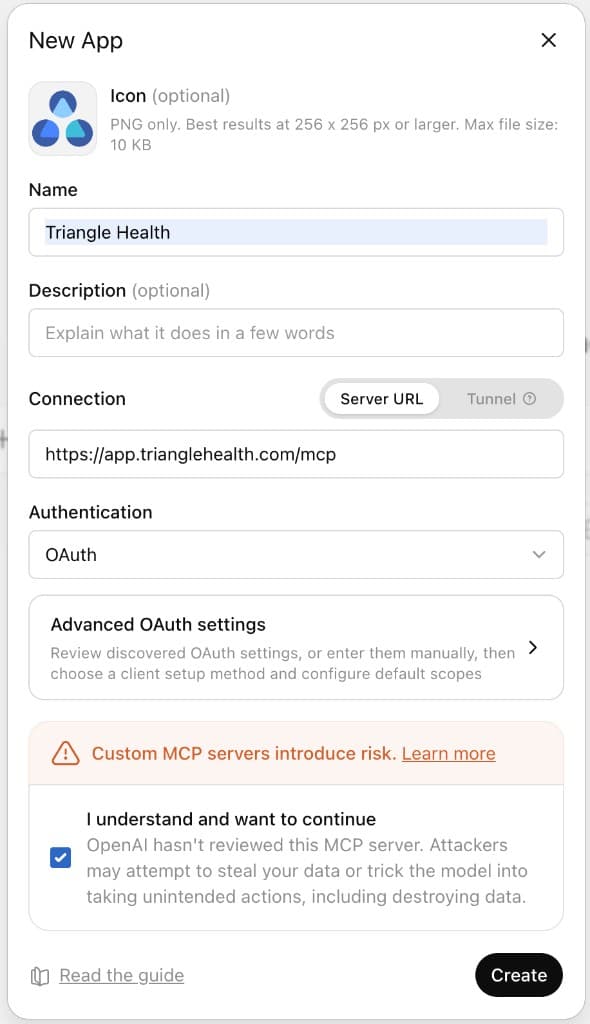 ChatGPT New App form with Triangle Health name, MCP server URL, and OAuth authentication selected