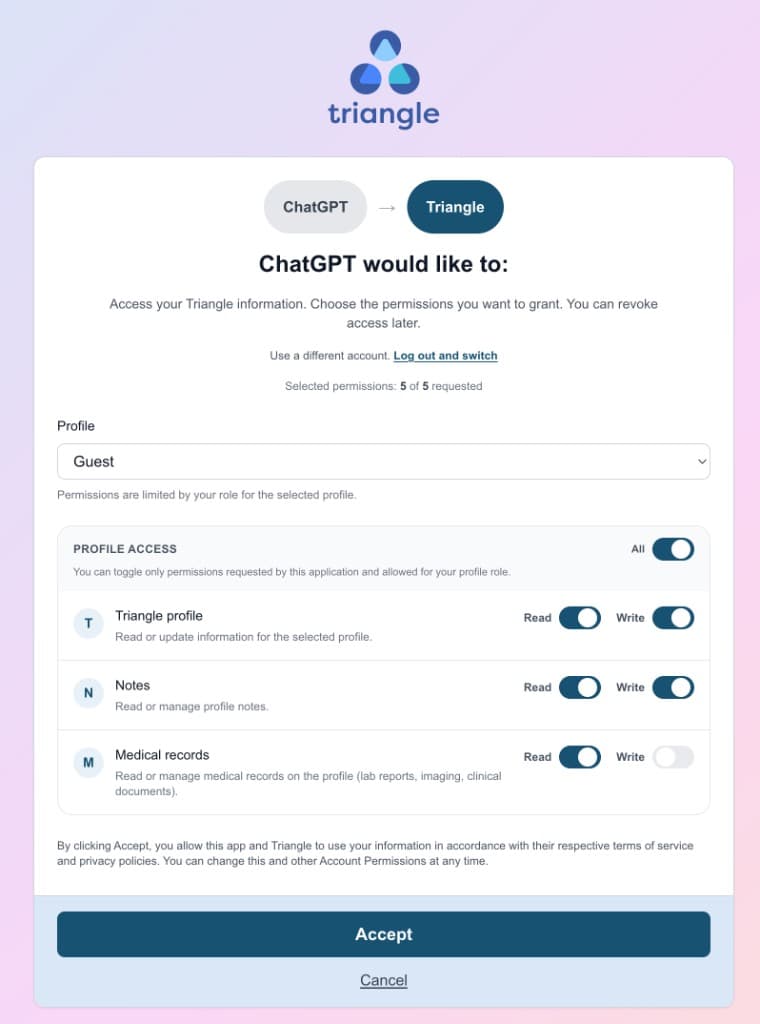 Triangle OAuth consent screen for ChatGPT requesting profile, notes, and medical records access