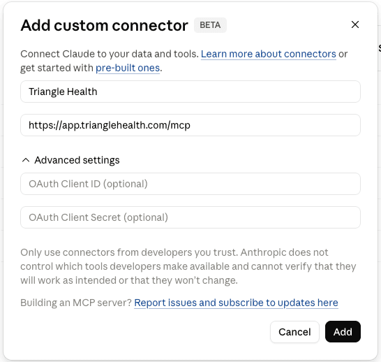 Claude Add custom connector form with Triangle Health name and MCP URL, with optional OAuth Client ID and Client Secret fields left empty