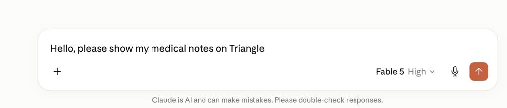 Claude message composer with a prompt asking to show medical notes on Triangle