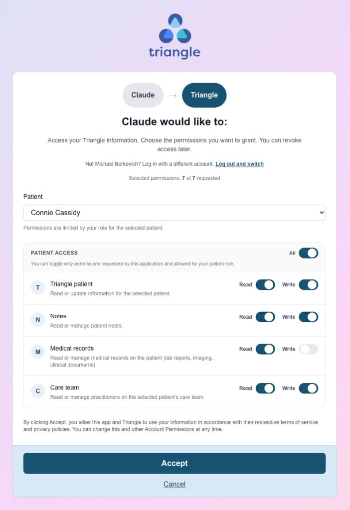 Triangle OAuth consent screen showing Claude requesting patient, notes, medical records, and care team permissions