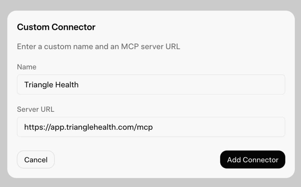 Grok Custom Connector form with Triangle Health name and MCP server URL https://app.trianglehealth.com/mcp