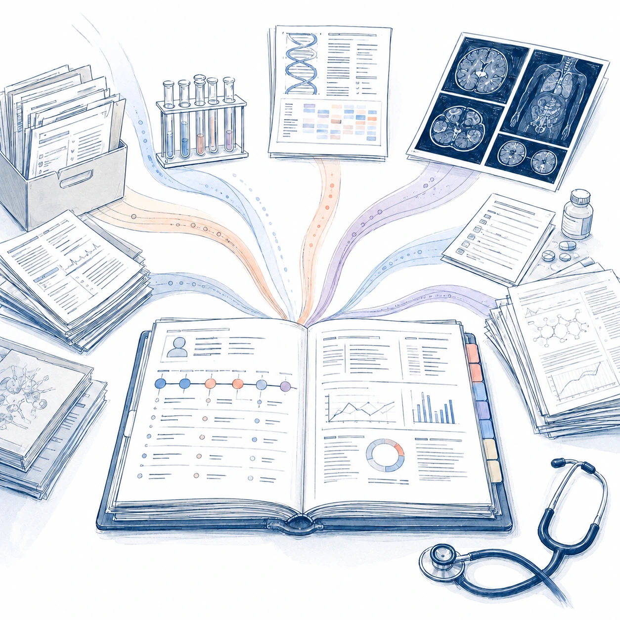 Medical records, lab results, imaging, genomic data, medications, and research converging into one organized patient dossier